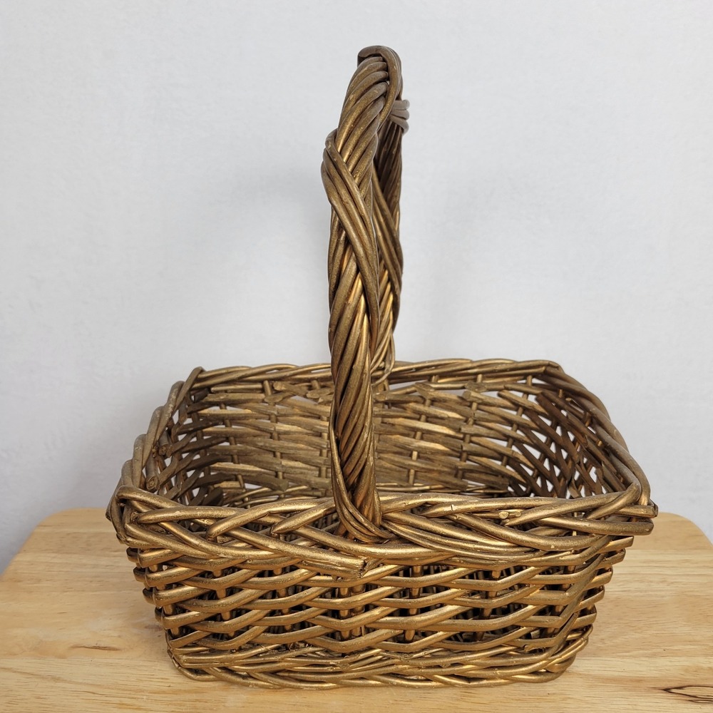 Gold Painted Wicker Flower Basket Vintage Gathering Woven Basket With Handle